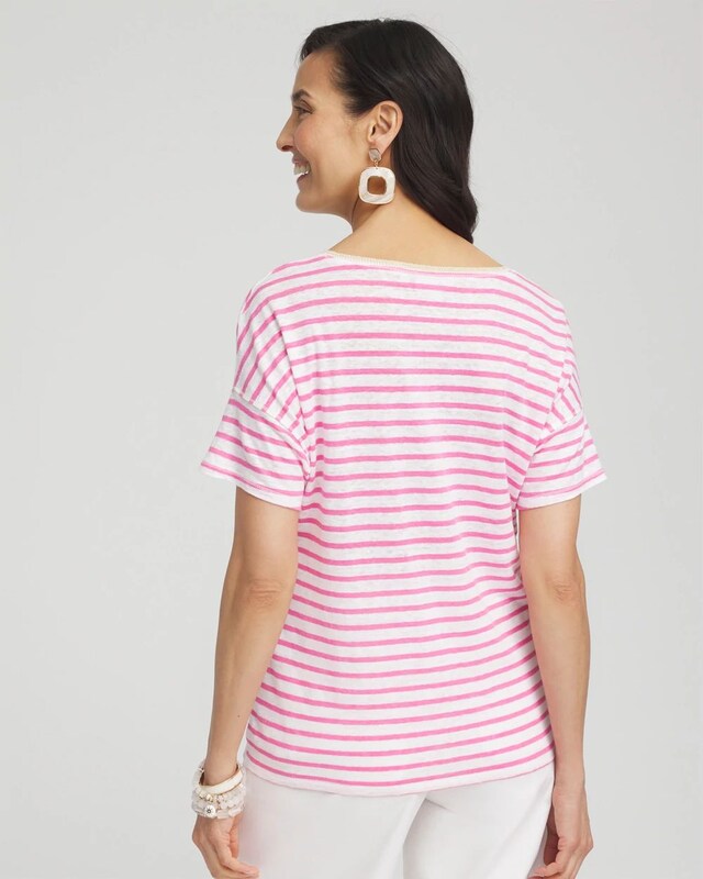 Pink Stripe Sweater Trim Linen Tee - image 3